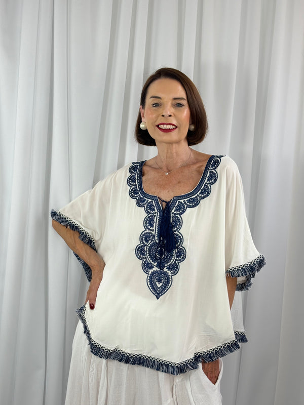 Cathleen batwing top in navy and white