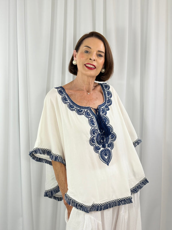 Cathleen batwing top in navy and white