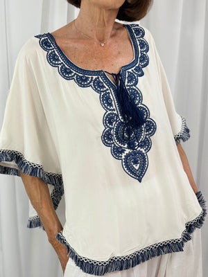 Cathleen batwing top in navy and white