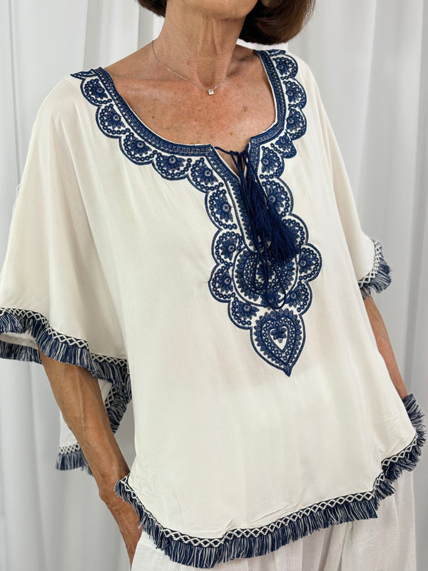 Cathleen batwing top in navy and white