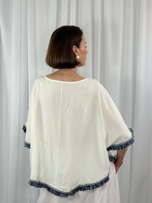 Cathleen batwing top in navy and white