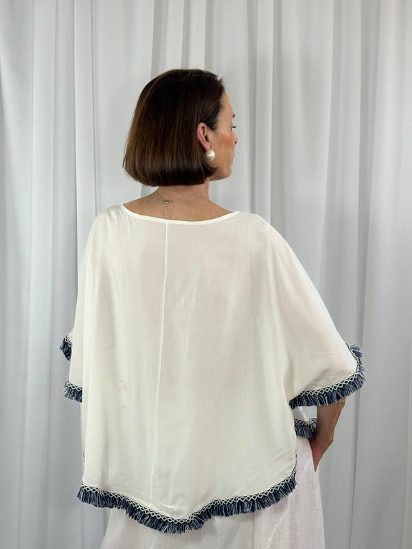 Cathleen batwing top in navy and white