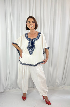 Cathleen batwing top in navy and white