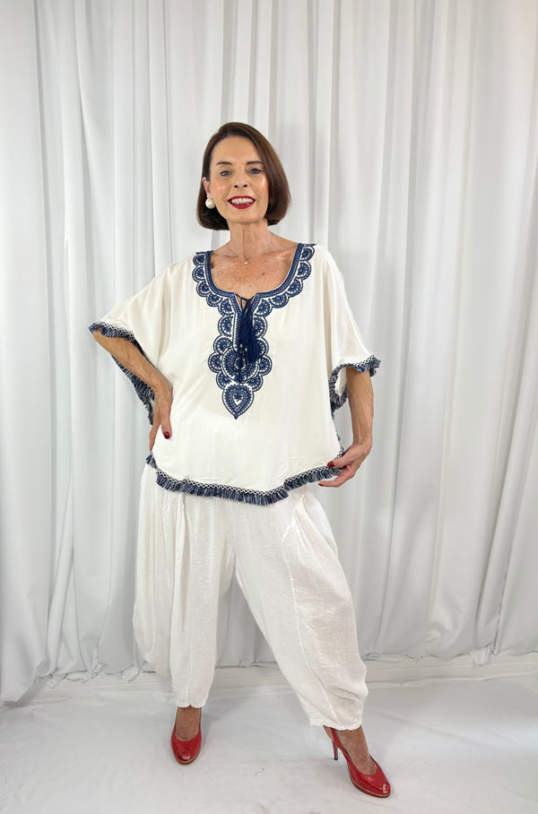 Cathleen batwing top in navy and white