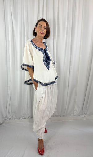 Cathleen batwing top in navy and white