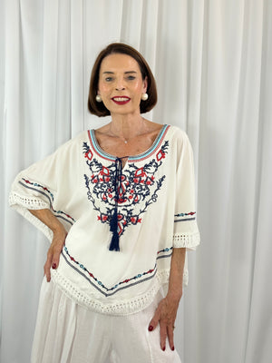 Cathleen batwing top in navy, white and red