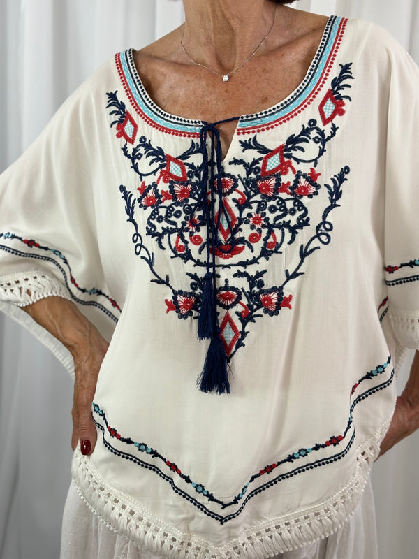 Cathleen batwing top in navy, white and red