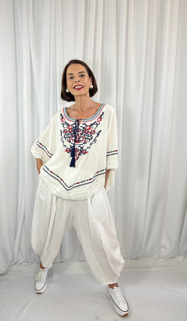 Cathleen batwing top in navy, white and red