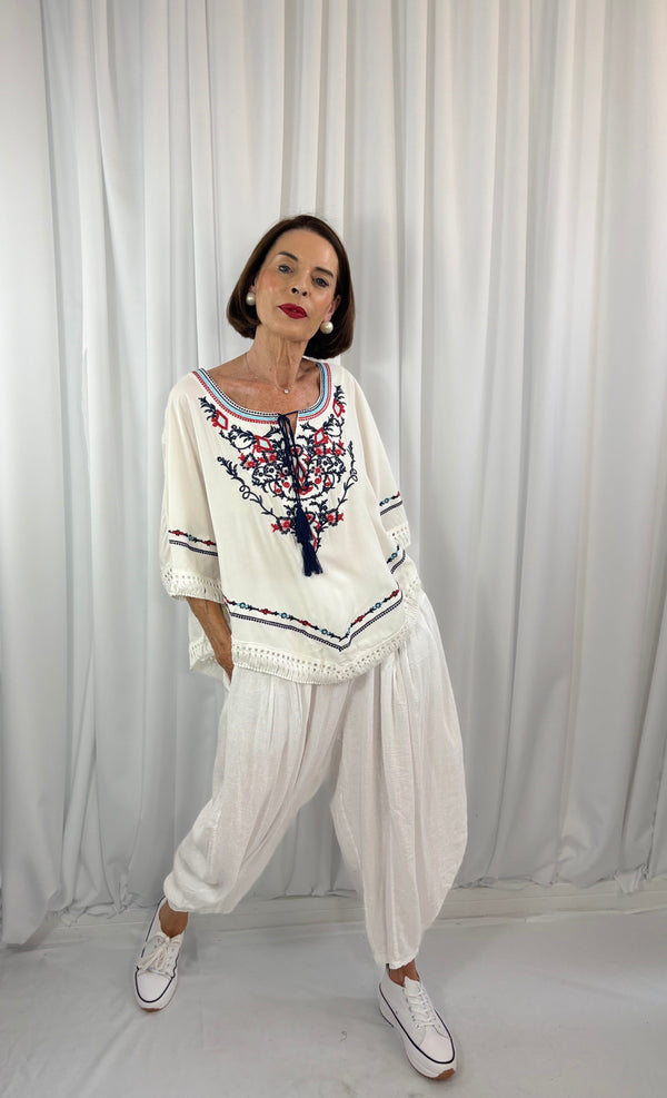Cathleen batwing top in navy, white and red