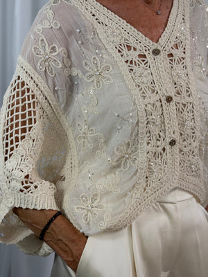 Avril pearl embellished top in beige - Bond Street Store