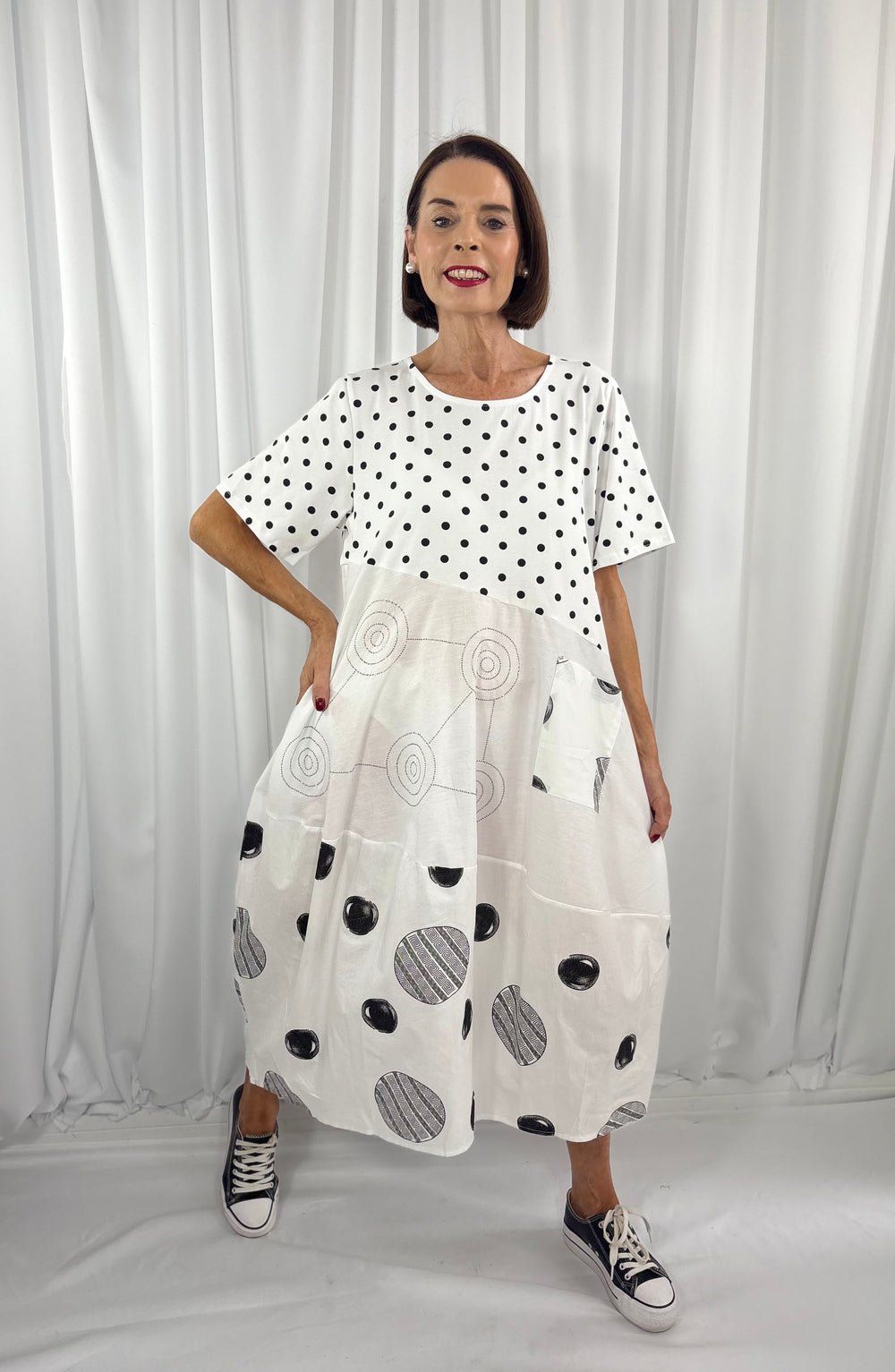 Clara Circle Print Cocoon Dress in white