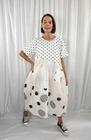 Clara Circle Print Cocoon Dress in white - Bond Street Store