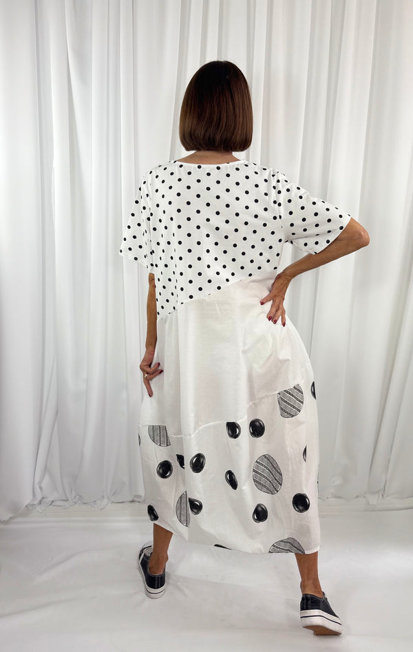 Clara Circle Print Cocoon Dress in white - Bond Street Store