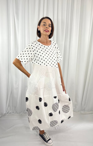 Clara Circle Print Cocoon Dress in white - Bond Street Store