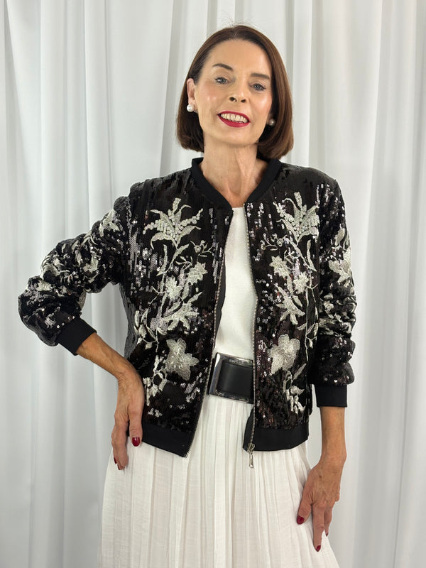 Marie jacket in black sequin with silver flower