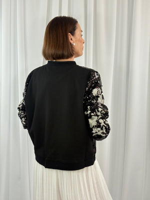 Marie jacket in black sequin with silver flower
