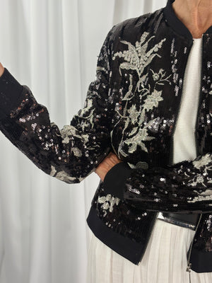 Marie jacket in black sequin with silver flower