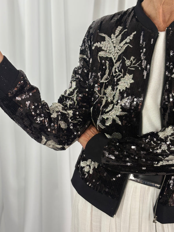 Marie jacket in black sequin with silver flower