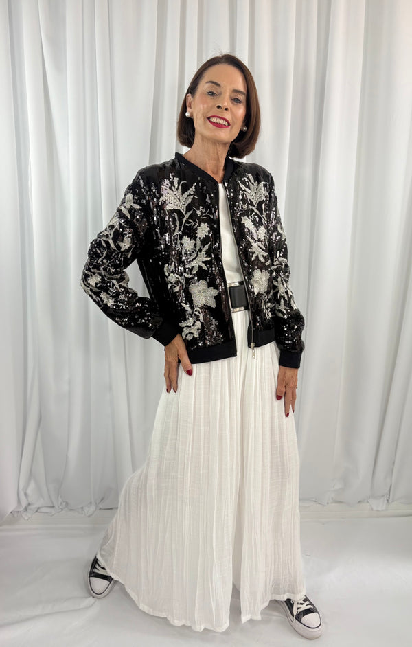 Marie jacket in black sequin with silver flower