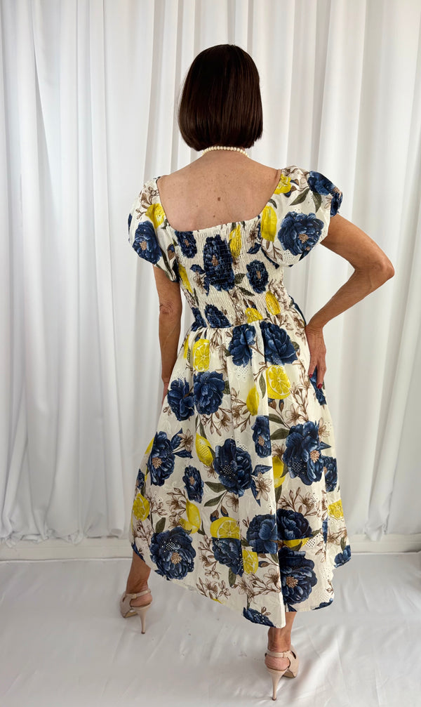 Amalfi Dress in navy and lemon