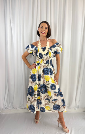Amalfi Dress in navy and lemon