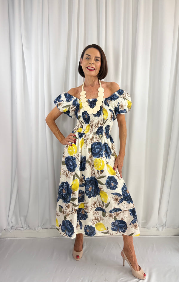 Amalfi Dress in navy and lemon