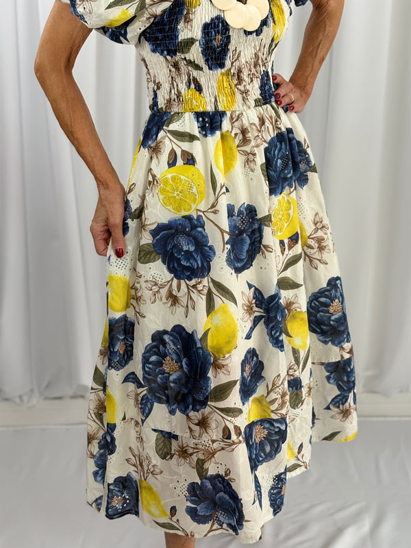 Amalfi Dress in navy and lemon