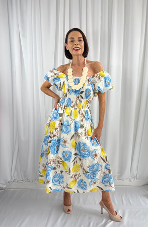 Amalfi Dress in baby blue and lemon