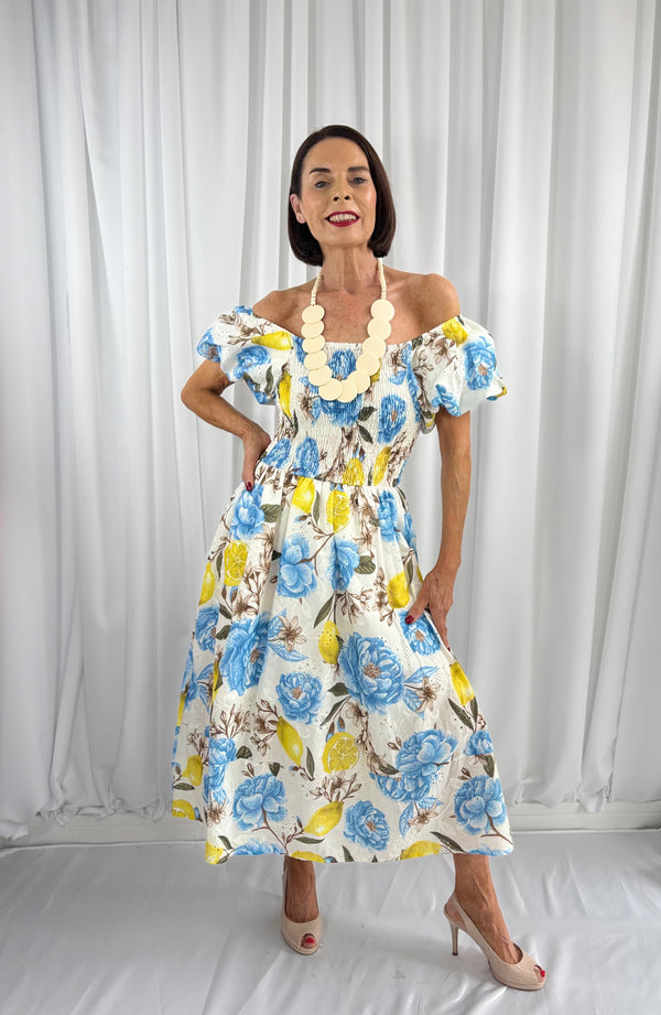 Amalfi Dress in baby blue and lemon
