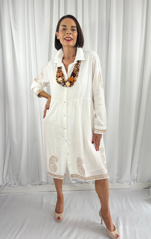 Cortina Dress in white with gold emroidery