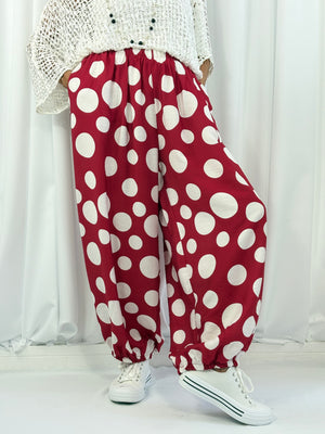 Dora trousers in red with white polka dots - Pre order arrival date 29 june