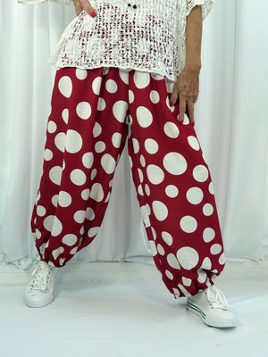 Dora trousers in red with white polka dots - Pre order arrival date 29 june