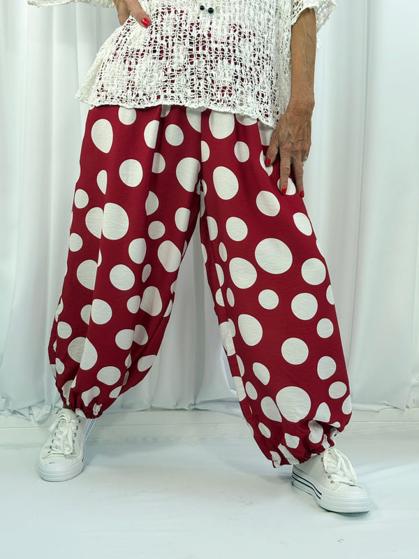 Dora trousers in red with white polka dots - Pre order arrival date 29 june