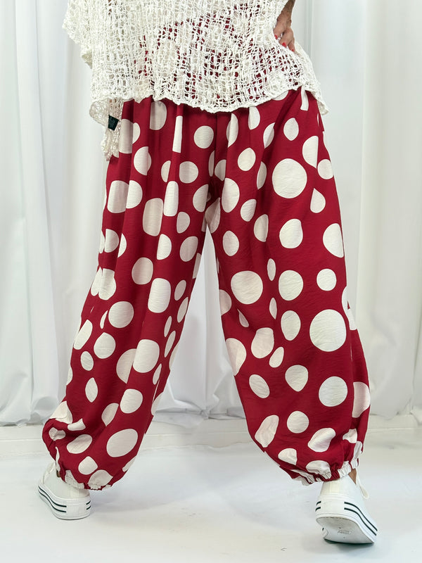 Dora trousers in red with white polka dots - Pre order arrival date 29 june