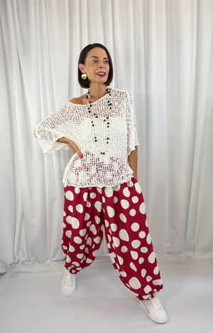 Dora trousers in red with white polka dots - Pre order arrival date 29 june