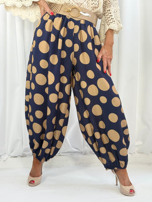 Dora trousers in navy with cappuccino polka dots - Pre order arrival date 29 june