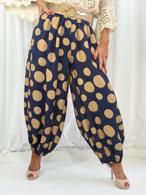 Dora trousers in navy with cappuccino polka dots - Pre order arrival date 29 june