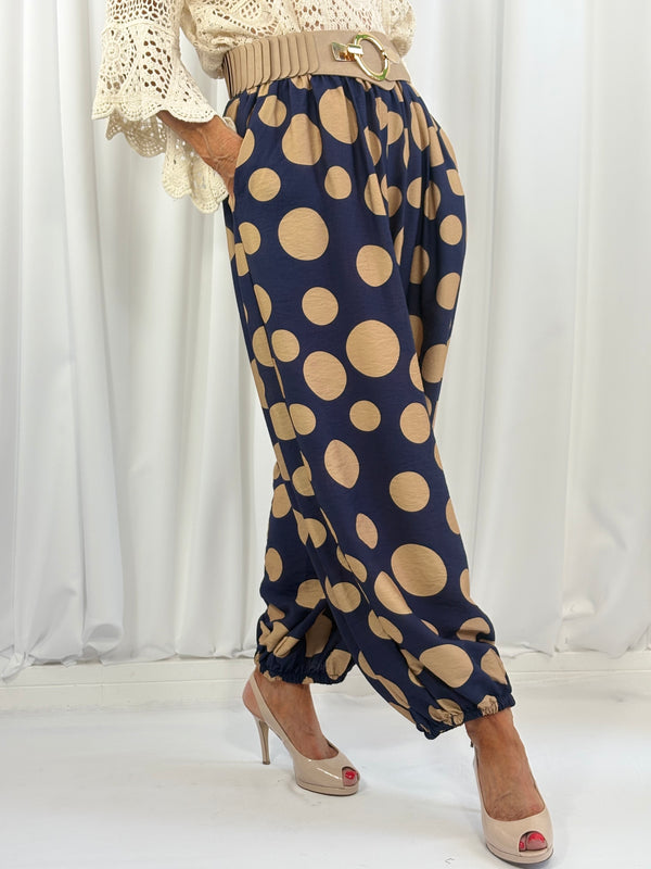 Dora trousers in navy with cappuccino polka dots - Pre order arrival date 29 june