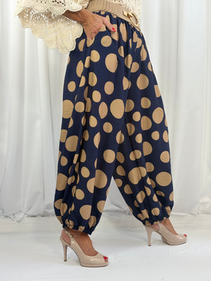 Dora trousers in navy with cappuccino polka dots - Pre order arrival date 29 june