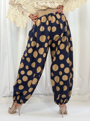 Dora trousers in navy with cappuccino polka dots - Pre order arrival date 29 june