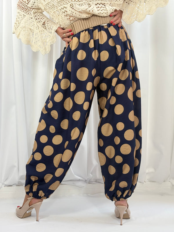 Dora trousers in navy with cappuccino polka dots - Pre order arrival date 29 june