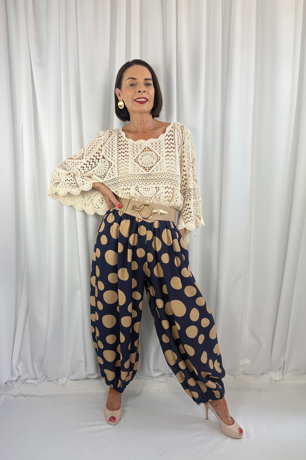 Dora trousers in navy with cappuccino polka dots - Pre order arrival date 29 june