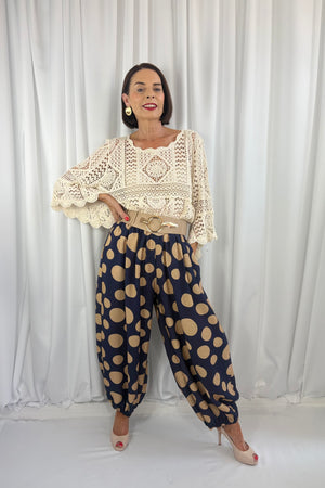 Dora trousers in navy with cappuccino polka dots - Pre order arrival date 29 june