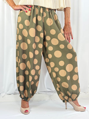 Dora trousers in sage with cappuccino polka dots - Pre order arrival date 29 june