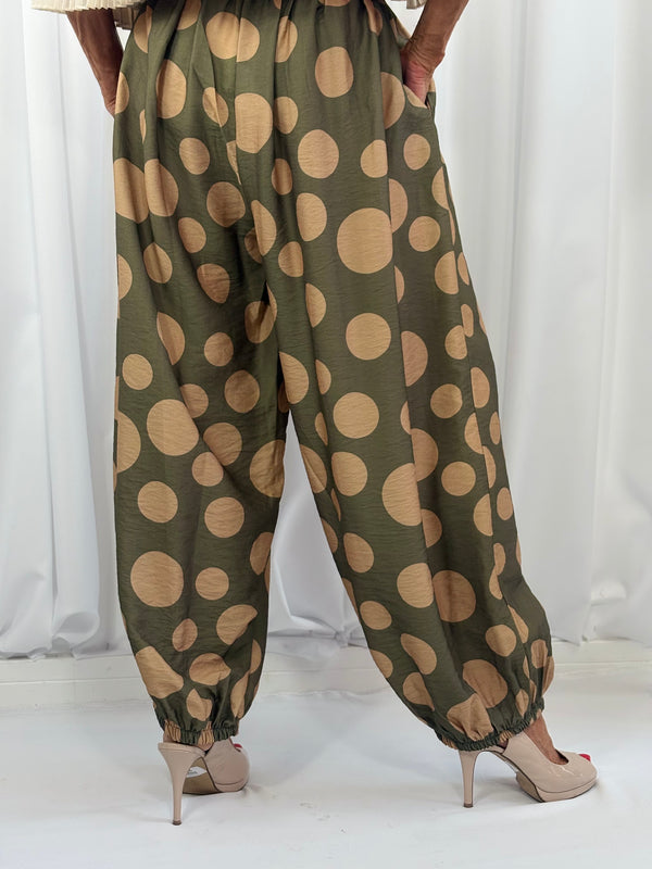 Dora trousers in sage with cappuccino polka dots - Pre order arrival date 29 june