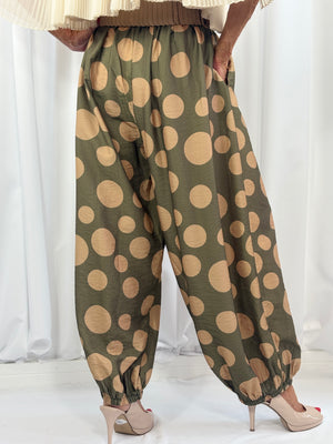 Dora trousers in sage with cappuccino polka dots - Pre order arrival date 29 june