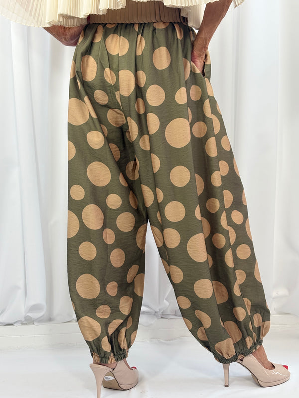 Dora trousers in sage with cappuccino polka dots - Pre order arrival date 29 june