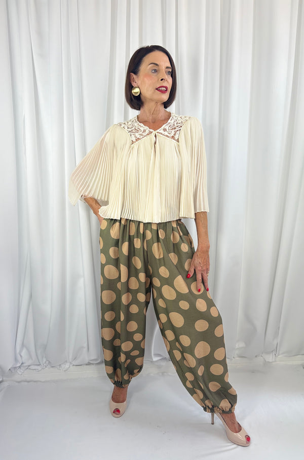 Dora trousers in sage with cappuccino polka dots - Pre order arrival date 29 june