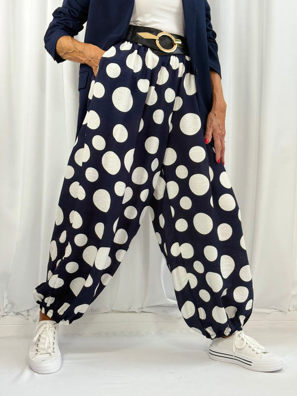 Dora trousers in navy with white polka dots - Pre order arrival date 29 june