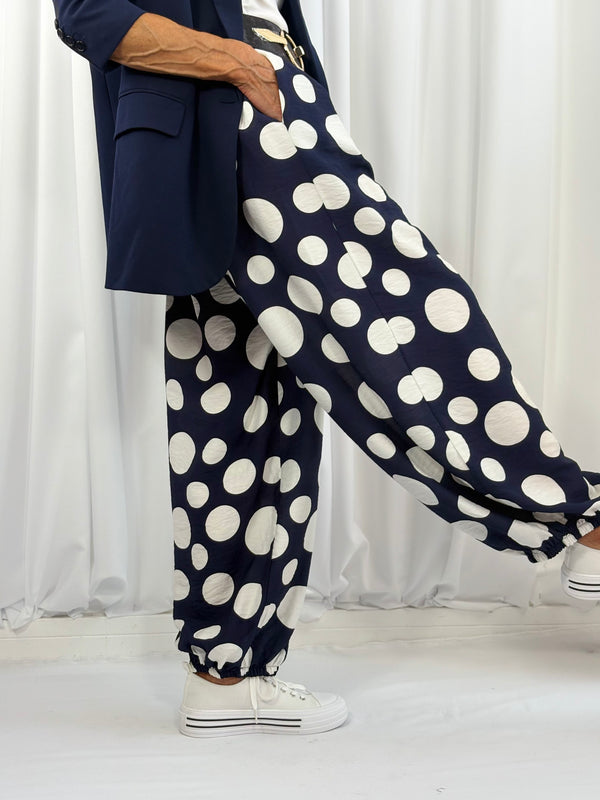 Dora trousers in navy with white polka dots - Pre order arrival date 29 june